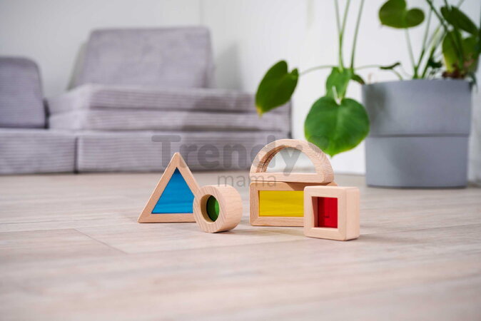 Drevené kocky s okienkami a zrkadlom Montessori Window Bricks Eichhorn 5 dielikov s rôznymi tvarmi od 12 mes