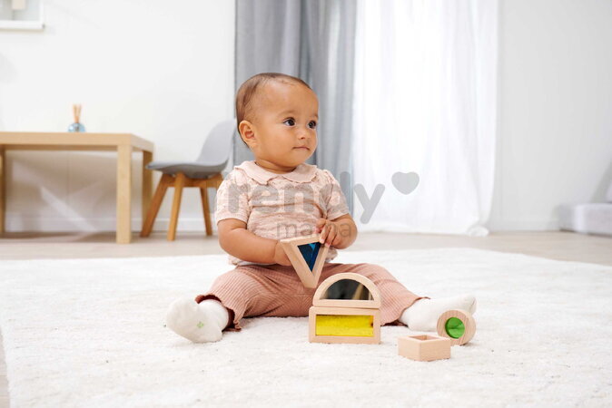 Drevené kocky s okienkami a zrkadlom Montessori Window Bricks Eichhorn 5 dielikov s rôznymi tvarmi od 12 mes