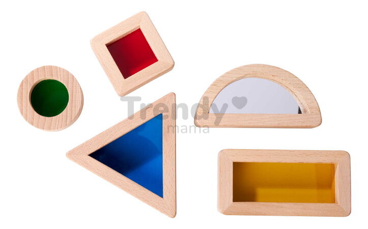 Drevené kocky s okienkami a zrkadlom Montessori Window Bricks Eichhorn 5 dielikov s rôznymi tvarmi od 12 mes