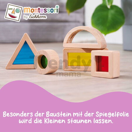 Drevené kocky s okienkami a zrkadlom Montessori Window Bricks Eichhorn 5 dielikov s rôznymi tvarmi od 12 mes