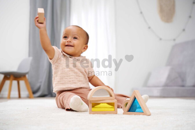 Drevené kocky s okienkami a zrkadlom Montessori Window Bricks Eichhorn 5 dielikov s rôznymi tvarmi od 12 mes