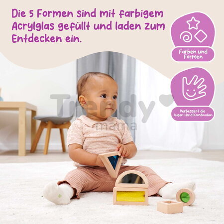 Drevené kocky s okienkami a zrkadlom Montessori Window Bricks Eichhorn 5 dielikov s rôznymi tvarmi od 12 mes