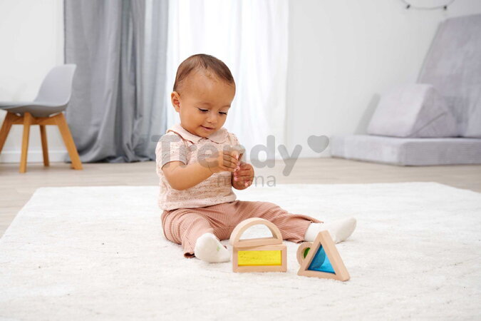 Drevené kocky s okienkami a zrkadlom Montessori Window Bricks Eichhorn 5 dielikov s rôznymi tvarmi od 12 mes