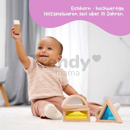 Drevené kocky s okienkami a zrkadlom Montessori Window Bricks Eichhorn 5 dielikov s rôznymi tvarmi od 12 mes