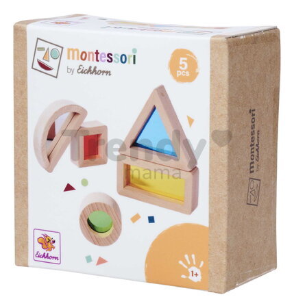Drevené kocky s okienkami a zrkadlom Montessori Window Bricks Eichhorn 5 dielikov s rôznymi tvarmi od 12 mes