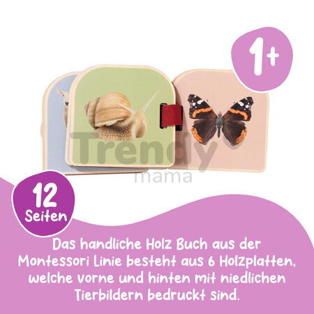 Drevená obrázková knižka so zvieratkami Montessori Picture Book Eichhorn 12 strán s krúžkom na zavesenie od 12 mes