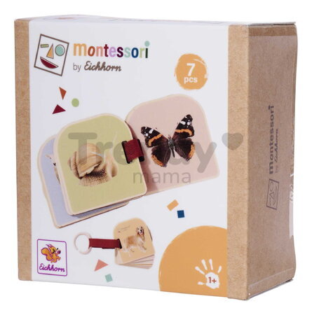 Drevená obrázková knižka so zvieratkami Montessori Picture Book Eichhorn 12 strán s krúžkom na zavesenie od 12 mes