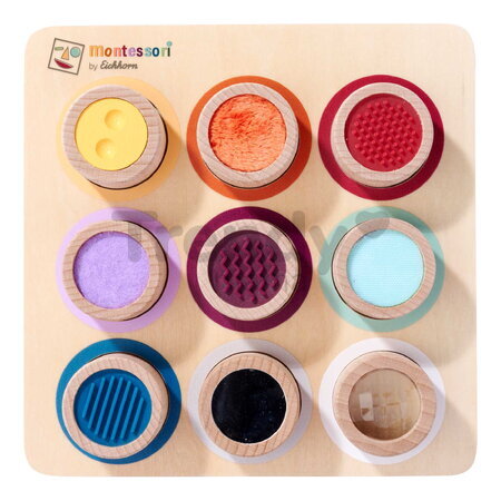 Drevená didaktická doska s kockami Montessori Touch Board Eichhorn 9 dielov s rôznym povrchom pre rozvoj hmatovej citlivosti