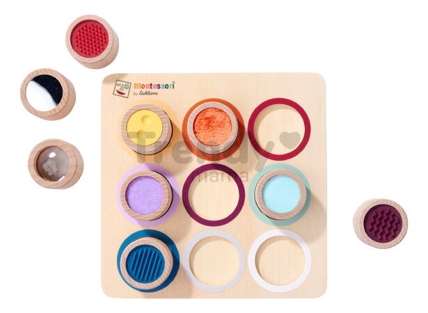 Drevená didaktická doska s kockami Montessori Touch Board Eichhorn 9 dielov s rôznym povrchom pre rozvoj hmatovej citlivosti