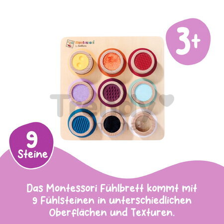 Drevená didaktická doska s kockami Montessori Touch Board Eichhorn 9 dielov s rôznym povrchom pre rozvoj hmatovej citlivosti