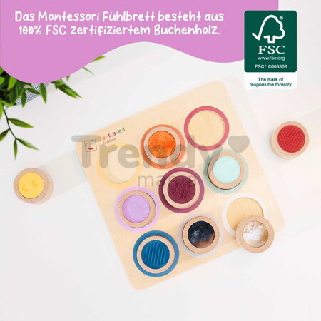 Drevená didaktická doska s kockami Montessori Touch Board Eichhorn 9 dielov s rôznym povrchom pre rozvoj hmatovej citlivosti