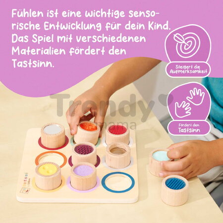Drevená didaktická doska s kockami Montessori Touch Board Eichhorn 9 dielov s rôznym povrchom pre rozvoj hmatovej citlivosti