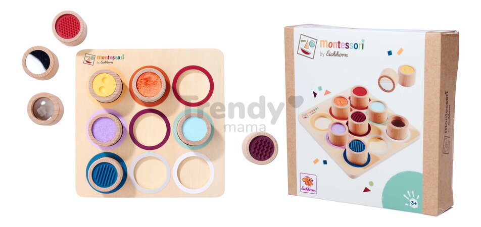 Drevená didaktická doska s kockami Montessori Touch Board Eichhorn 9 dielov s rôznym povrchom pre rozvoj hmatovej citlivosti