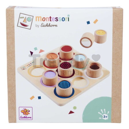 Drevená didaktická doska s kockami Montessori Touch Board Eichhorn 9 dielov s rôznym povrchom pre rozvoj hmatovej citlivosti