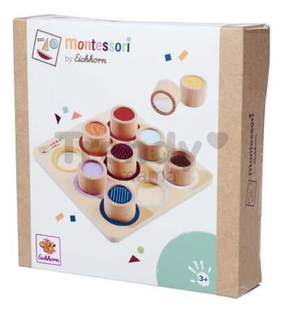Drevená didaktická doska s kockami Montessori Touch Board Eichhorn 9 dielov s rôznym povrchom pre rozvoj hmatovej citlivosti