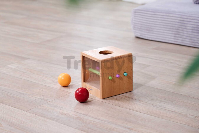 Drevený box s okienkom Montessori Box with Balls Eichhorn s 3 paličkami a 2 loptičkami pre rozvoj jemnej motoriky od 12 mes