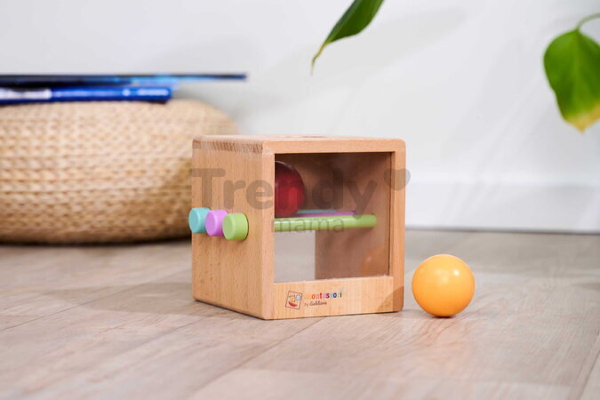 Drevený box s okienkom Montessori Box with Balls Eichhorn s 3 paličkami a 2 loptičkami pre rozvoj jemnej motoriky od 12 mes