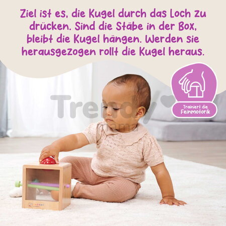 Drevený box s okienkom Montessori Box with Balls Eichhorn s 3 paličkami a 2 loptičkami pre rozvoj jemnej motoriky od 12 mes