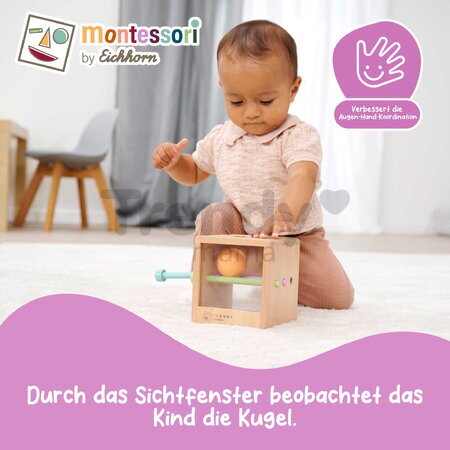 Drevený box s okienkom Montessori Box with Balls Eichhorn s 3 paličkami a 2 loptičkami pre rozvoj jemnej motoriky od 12 mes