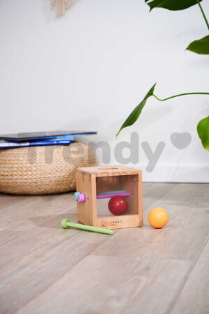 Drevený box s okienkom Montessori Box with Balls Eichhorn s 3 paličkami a 2 loptičkami pre rozvoj jemnej motoriky od 12 mes