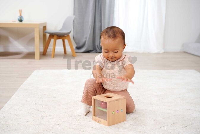 Drevený box s okienkom Montessori Box with Balls Eichhorn s 3 paličkami a 2 loptičkami pre rozvoj jemnej motoriky od 12 mes