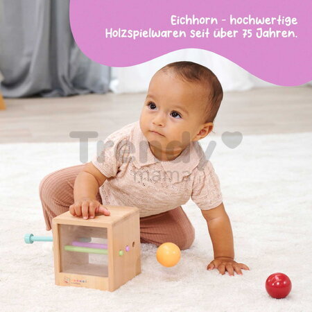 Drevený box s okienkom Montessori Box with Balls Eichhorn s 3 paličkami a 2 loptičkami pre rozvoj jemnej motoriky od 12 mes