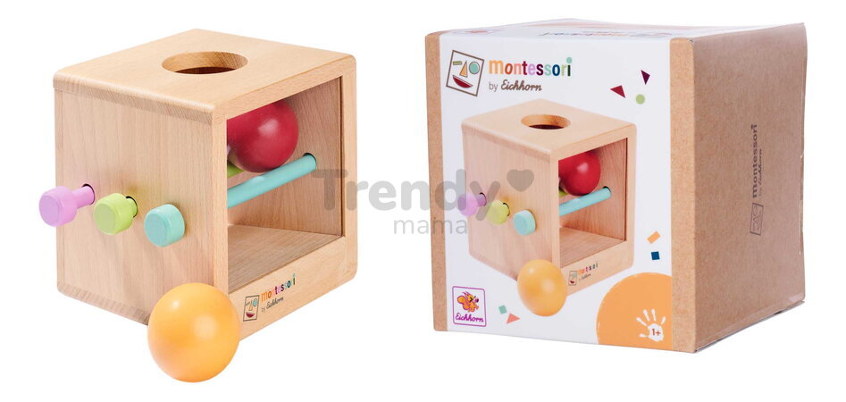Drevený box s okienkom Montessori Box with Balls Eichhorn s 3 paličkami a 2 loptičkami pre rozvoj jemnej motoriky od 12 mes