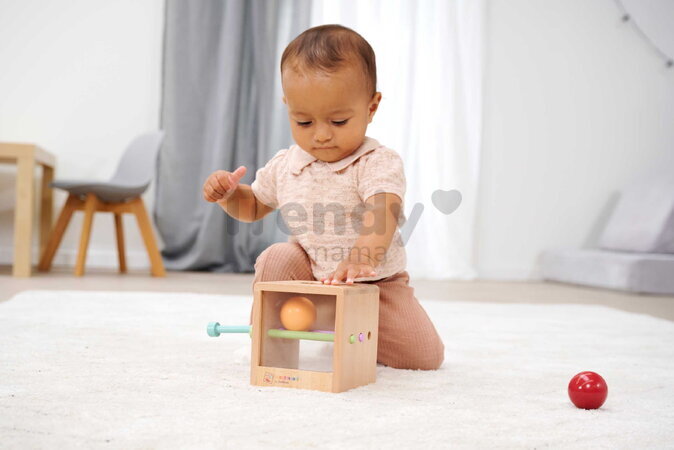 Drevený box s okienkom Montessori Box with Balls Eichhorn s 3 paličkami a 2 loptičkami pre rozvoj jemnej motoriky od 12 mes