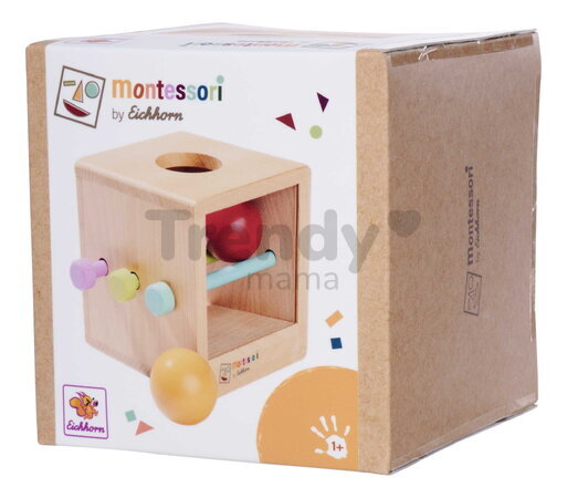 Drevený box s okienkom Montessori Box with Balls Eichhorn s 3 paličkami a 2 loptičkami pre rozvoj jemnej motoriky od 12 mes