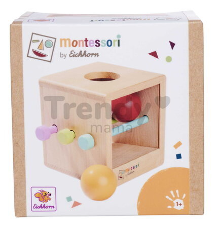 Drevený box s okienkom Montessori Box with Balls Eichhorn s 3 paličkami a 2 loptičkami pre rozvoj jemnej motoriky od 12 mes