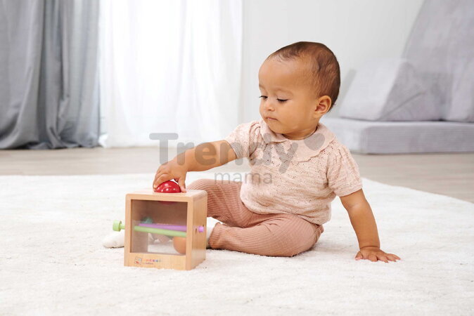 Drevený box s okienkom Montessori Box with Balls Eichhorn s 3 paličkami a 2 loptičkami pre rozvoj jemnej motoriky od 12 mes