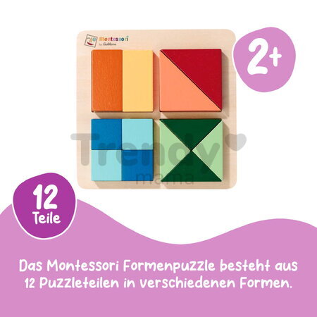 Drevené vkladacie puzzle Farby a tvary Montessori Shape Puzzle Eichhorn 12 kociek rôznych tvarov od 24 mes