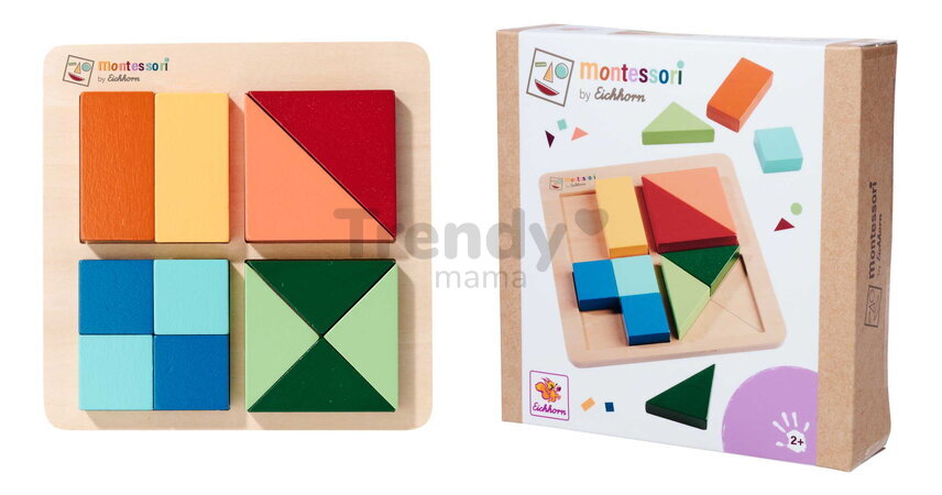 Drevené vkladacie puzzle Farby a tvary Montessori Shape Puzzle Eichhorn 12 kociek rôznych tvarov od 24 mes
