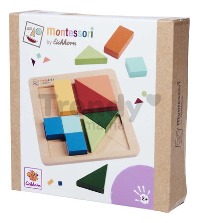 Drevené vkladacie puzzle Farby a tvary Montessori Shape Puzzle Eichhorn 12 kociek rôznych tvarov od 24 mes