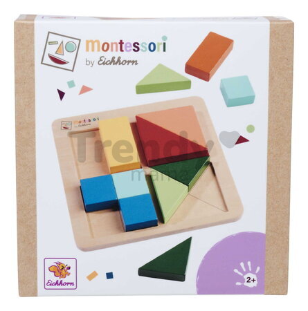 Drevené vkladacie puzzle Farby a tvary Montessori Shape Puzzle Eichhorn 12 kociek rôznych tvarov od 24 mes