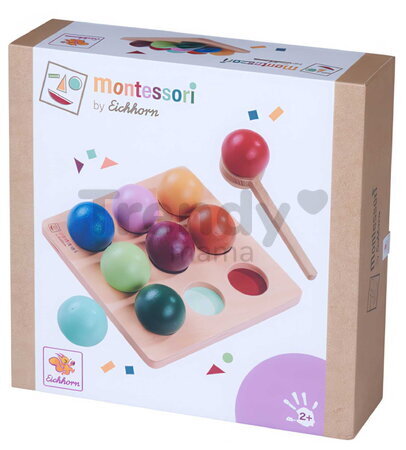 Drevená hra na triedenie guličiek Montessori sorting Balls Eichhorn 9 guličiek s lyžicou a základňou od 24 mes EH6033