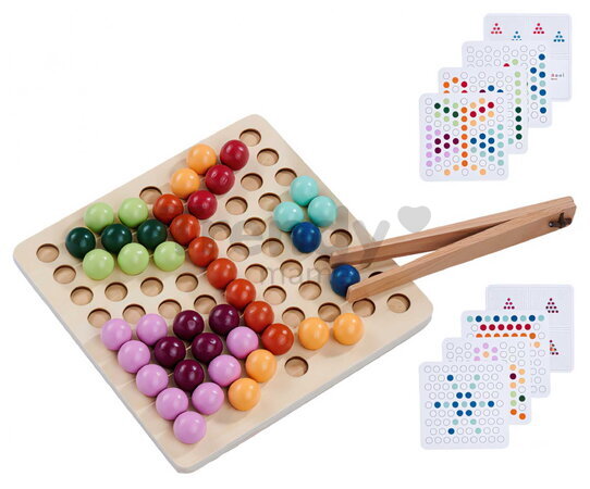 Drevená hra na triedenie korálikov Montessori sorting Beads Eichhorn 90 korálikov s 8 vzorovými kartami od 24 mes EH6034