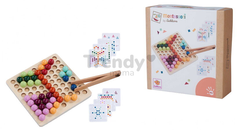 Drevená hra na triedenie korálikov Montessori sorting Beads Eichhorn 90 korálikov s 8 vzorovými kartami od 24 mes EH6034