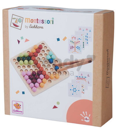 Drevená hra na triedenie korálikov Montessori sorting Beads Eichhorn 90 korálikov s 8 vzorovými kartami od 24 mes EH6034