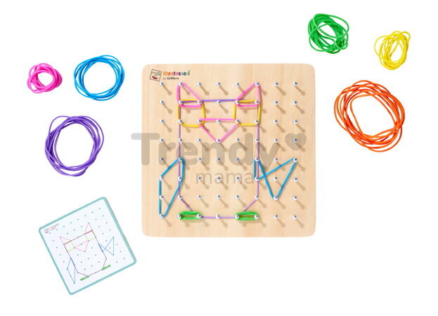 Drevená geometrická doska s klinčekmi Montessori Geo Board Eichhorn s 30 farebnými gumičkami a 24 kariet s úlohami od 4 rokov