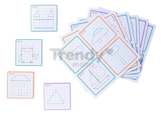Drevená geometrická doska s klinčekmi Montessori Geo Board Eichhorn s 30 farebnými gumičkami a 24 kariet s úlohami od 4 rokov
