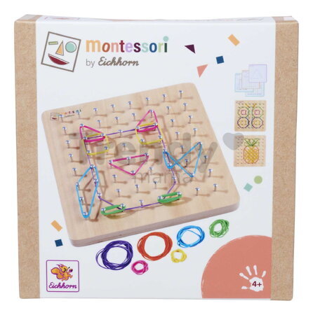 Drevená geometrická doska s klinčekmi Montessori Geo Board Eichhorn s 30 farebnými gumičkami a 24 kariet s úlohami od 4 rokov