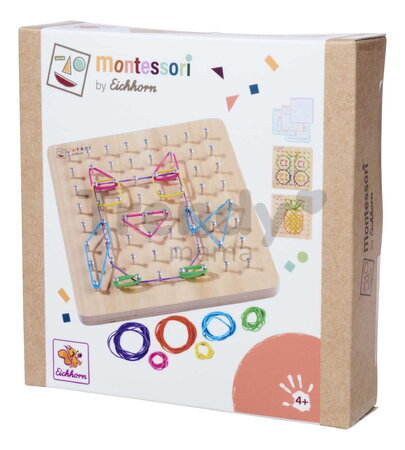 Drevená geometrická doska s klinčekmi Montessori Geo Board Eichhorn s 30 farebnými gumičkami a 24 kariet s úlohami od 4 rokov
