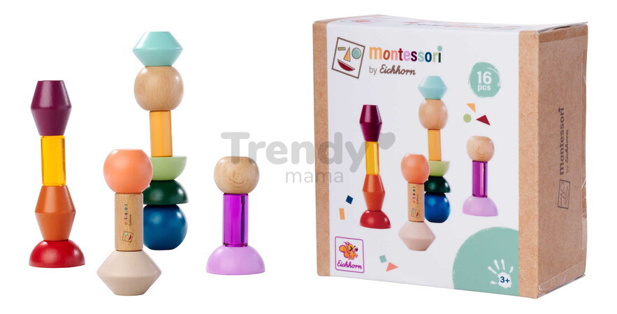 Drevené stohovateľné kocky Montessori Staple Beads Eichhorn 16 farebných dielikov