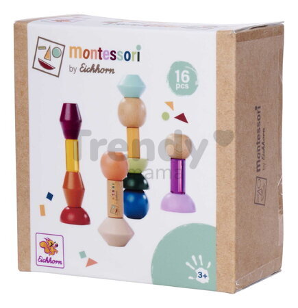 Drevené stohovateľné kocky Montessori Staple Beads Eichhorn 16 farebných dielikov