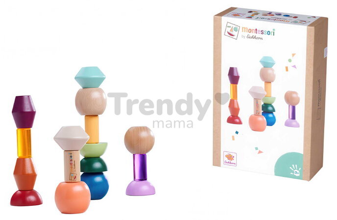 Drevené stohovateľné koráliky Montessori Staple Beads Eichhorn 16 farebných dielikov od 3 rokov EH6053