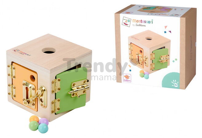Drevená kocka so zámkami Montessori Lock Cube Eichhorn 4 rôzne uzatváracie mechanizmy od 3 rokov EH6054