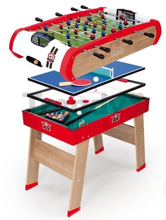 Drevený futbalový stôl Powerplay 4v1 Smoby stolný futbal, biliard, hokej a tenis od 8 rokov