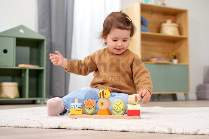 Drevená skladačka Kvety a zvieratká Stacking Game Eichhorn 13 stohovateľných kociek od 24 mes