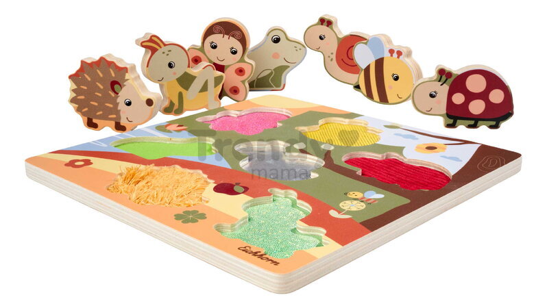 Drevené puzzle s textilnou štruktúrou Zvieratká Feel Puzzle with Fabric Eichhorn 7 vkladacích kociek so zvieratkami od 12 mes
